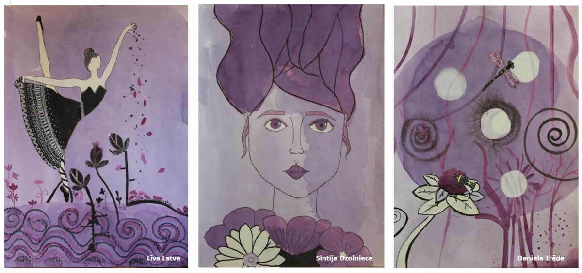 Mākslas skolas skolnieku darbi: trīs purpura toņu akvareļu gleznas blakus. Kreisajā pusē balerīna melnā kleitā ar rakstainiem svārkiem, kaisot purpursarkanas ziedlapiņas virs stilizētiem ziediem un viļņiem. Centrā sievietes portrets ar lieliem purpura matiem un ziedu pušķi apakšā. Labajā pusē abstraktas ainavas zīmējums ar spārēm, bitēm uz zieda, baltiem apļiem un spirālveida elementiem.