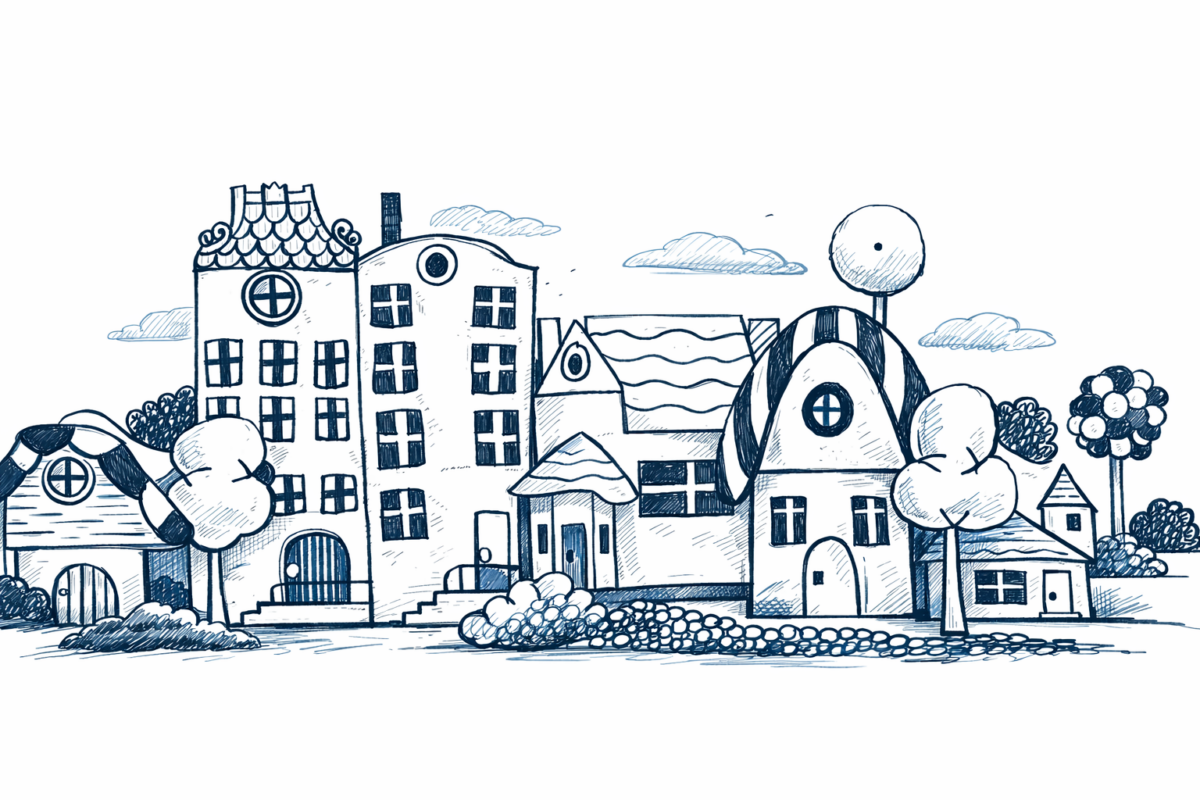 Zila tušas skice, kurā redzama savdabīga ielas ainava ar dažādām karikatūriskām mājām, kokiem, krūmiem un mākoņiem.